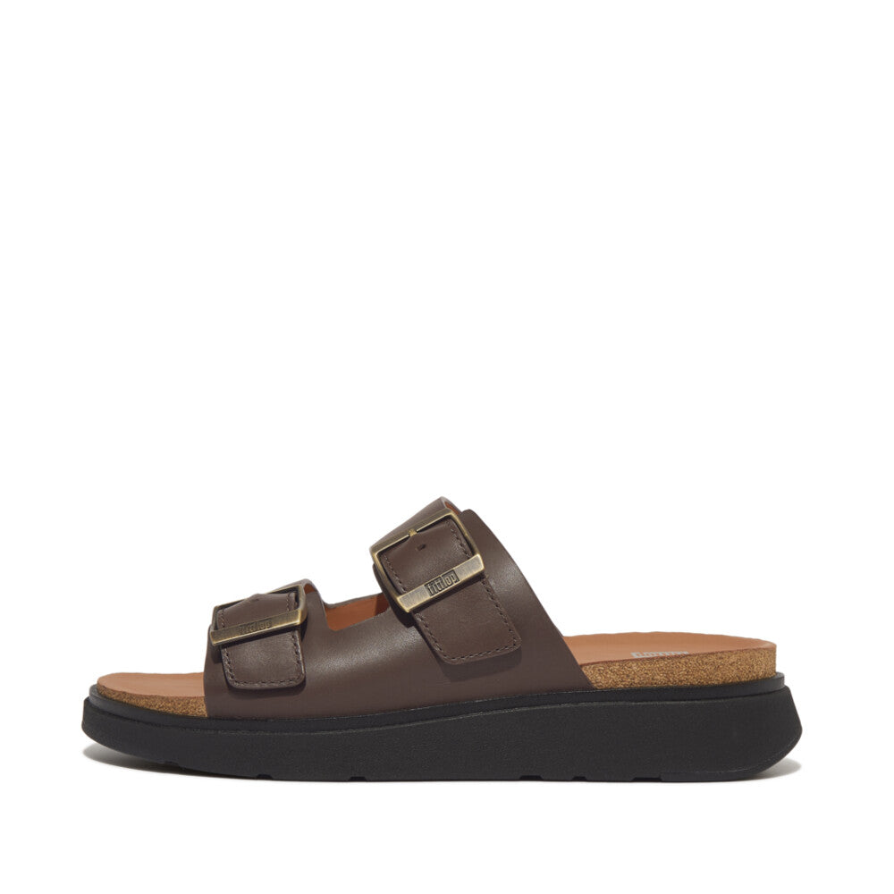 Mens Buckle Two-Bar Leather Slides Gen-FF Microwobbleboard Brown 7