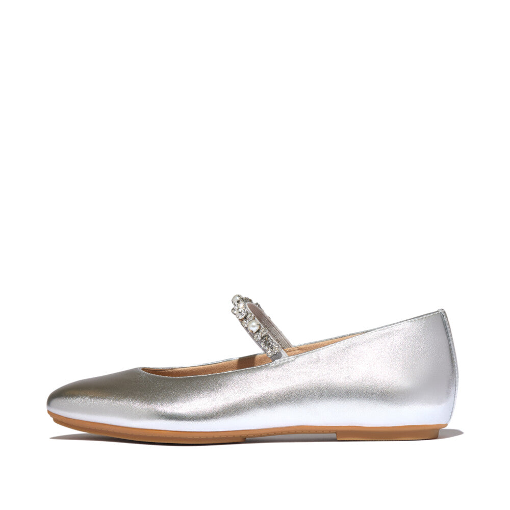 FitFlop FitFlop DELICATO Pearls-And-Crystal Soft-Leather Mary Janes Shoes Silver UK3