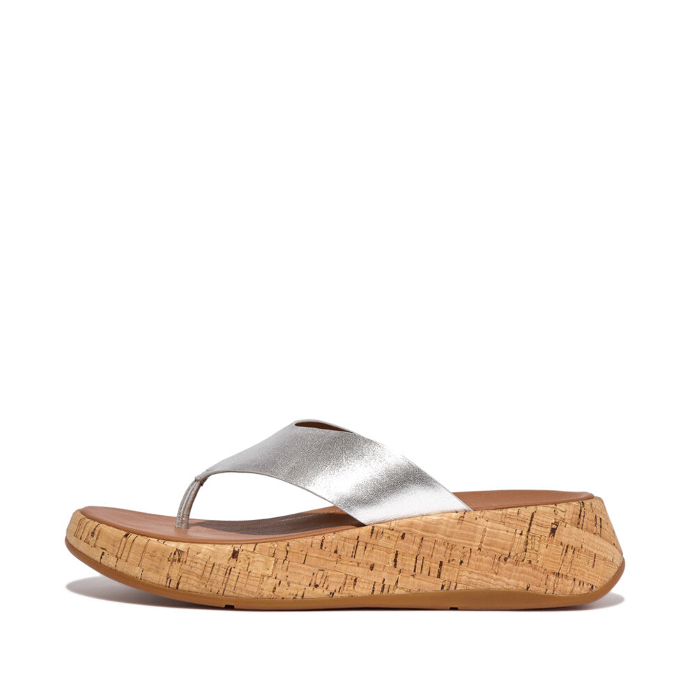 Leather/Cork Flatform Toe-Post Sandals F-MODE Microwobbleboard Silver 4