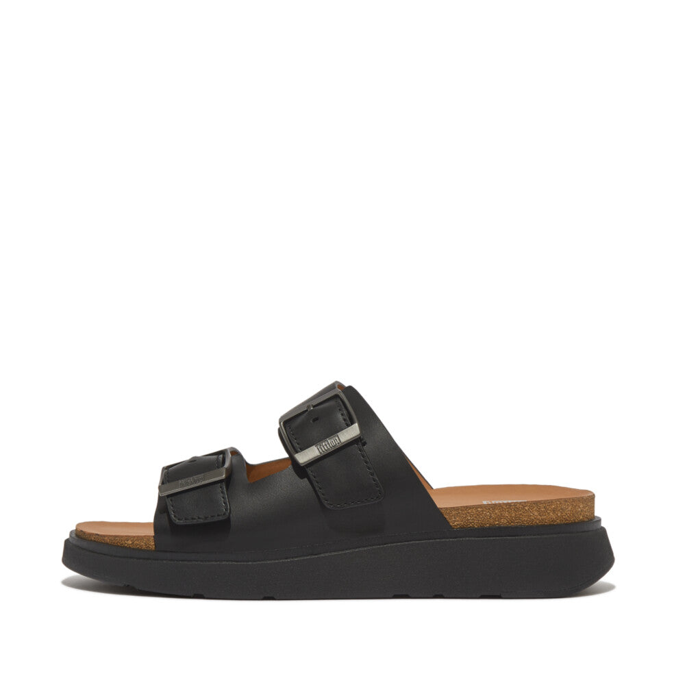 Mens Buckle Two-Bar Leather Slides Gen-FF Microwobbleboard Black 7