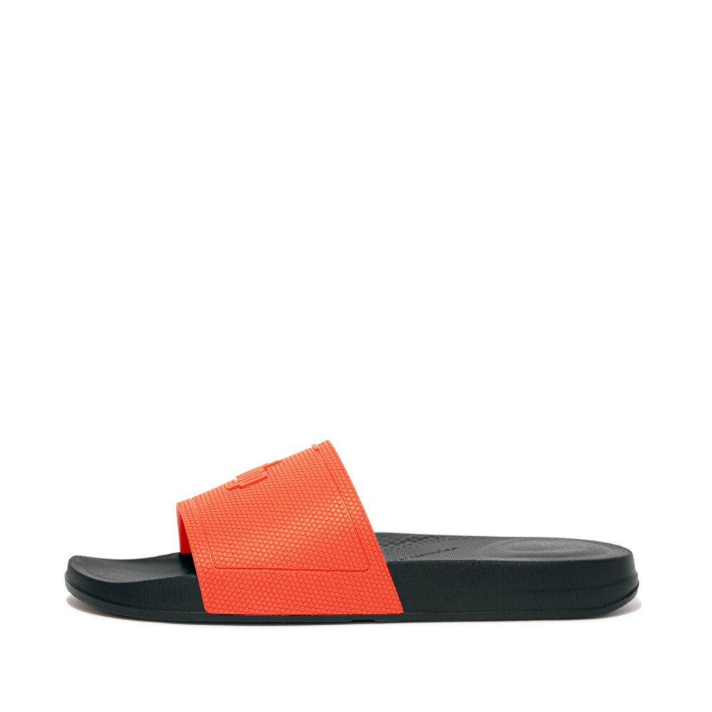 FitFlop FitFlop IQUSHION Mens Pool Slides  Black/Neon Orange 7 