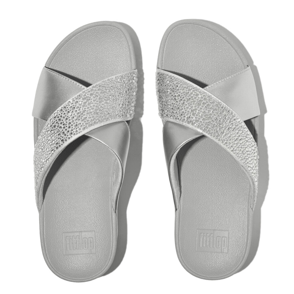 Trenton Lulu Crystal Mix Metallic Cross Slides Sandal   