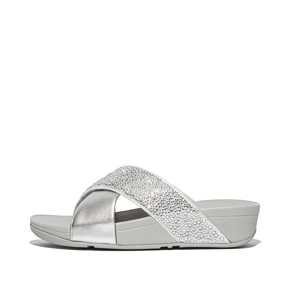 Trenton Lulu Crystal Mix Metallic Cross Slides Sandal Silver 5 