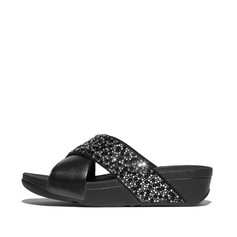 Trenton Lulu Crystal Mix Metallic Cross Slides Sandal Black 5 