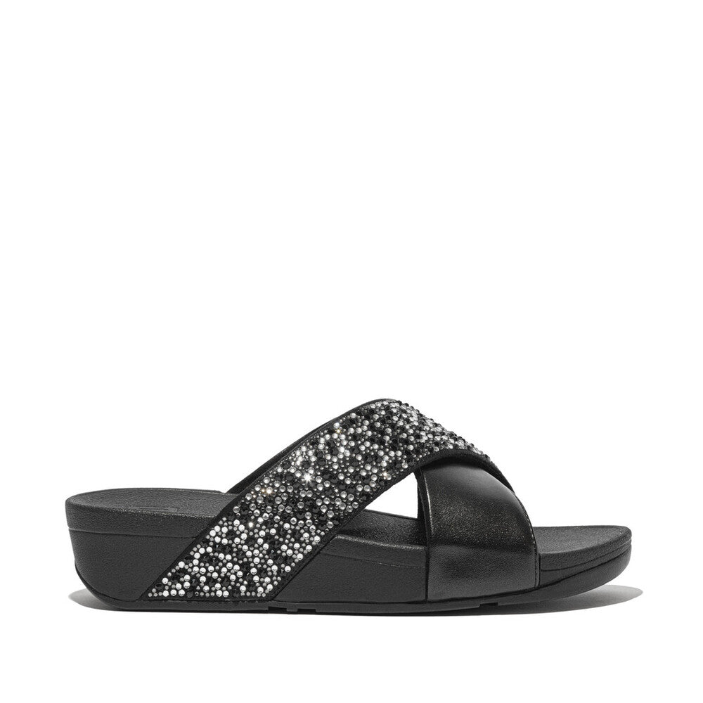 Trenton Lulu Crystal Mix Metallic Cross Slides Sandal   