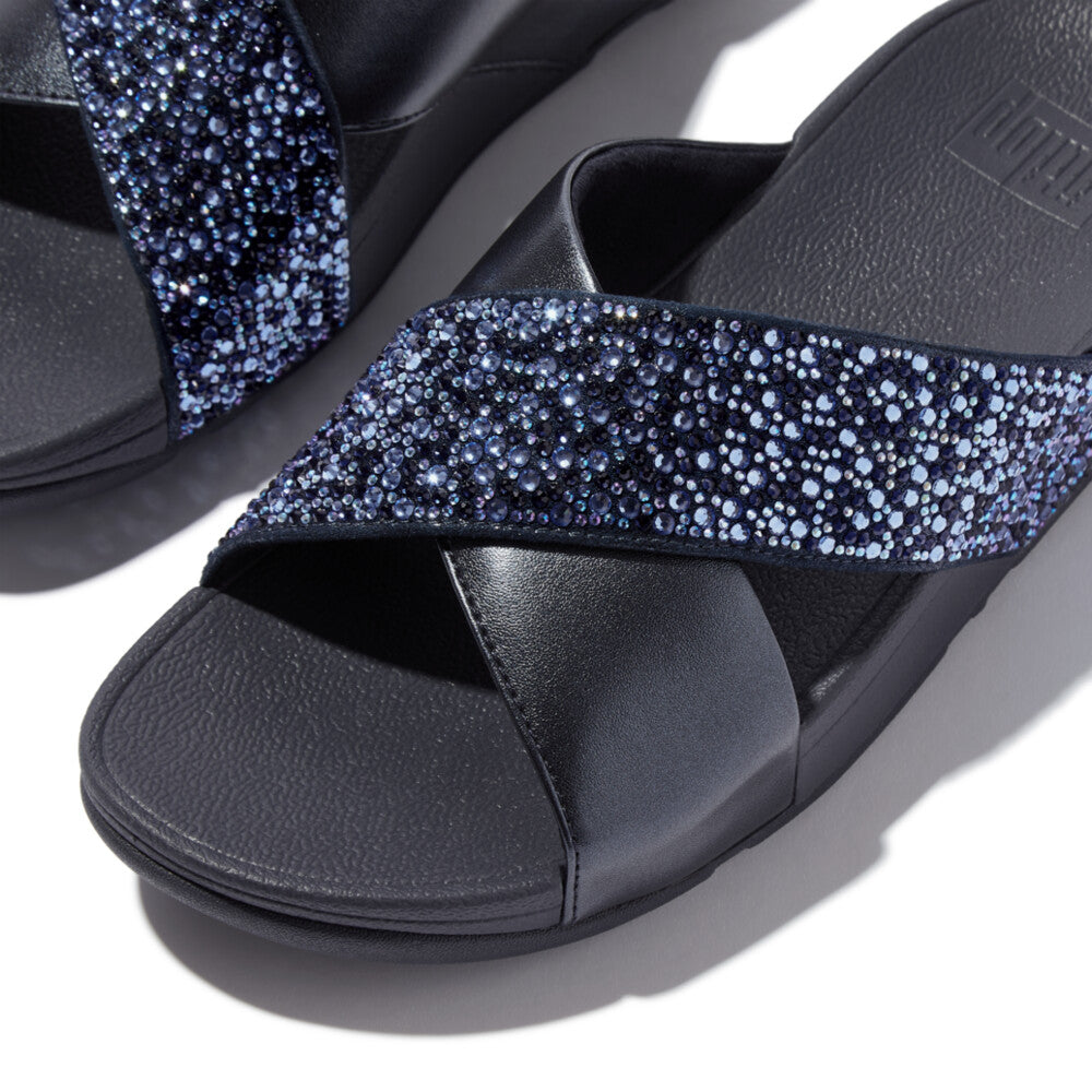 Trenton Lulu Crystal Mix Metallic Cross Slides Sandal   