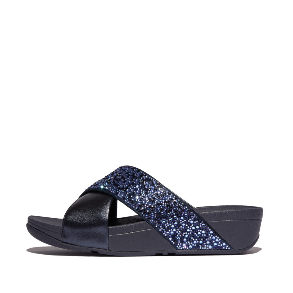 Trenton Lulu Crystal Mix Metallic Cross Slides Sandal Midnight Navy 5 