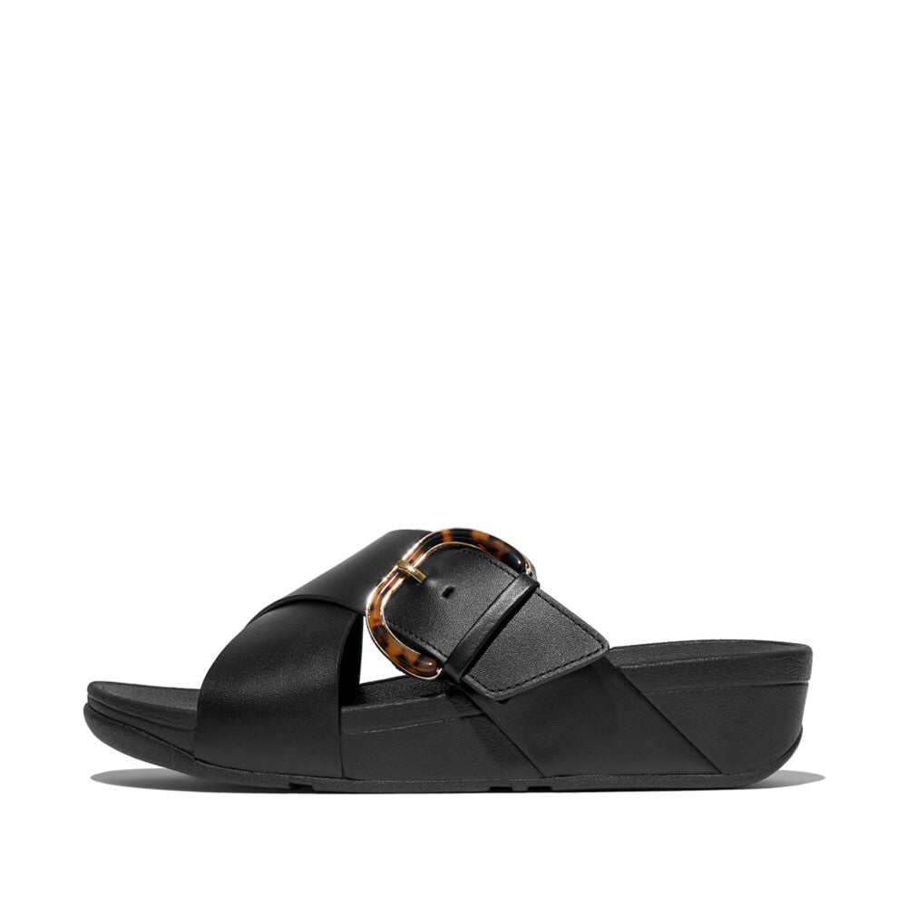 FitFlop FitFlop Lulu Resin-Buckle Leather Cross Slides Slide All Black UK 3