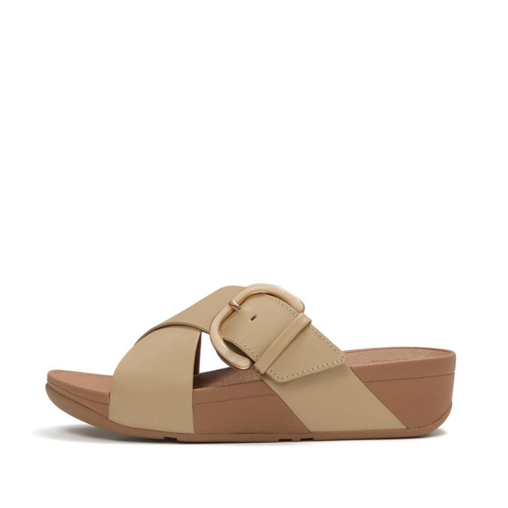 FitFlop FitFlop Lulu Resin-Buckle Leather Cross Slides Slide Cappuccino UK 3
