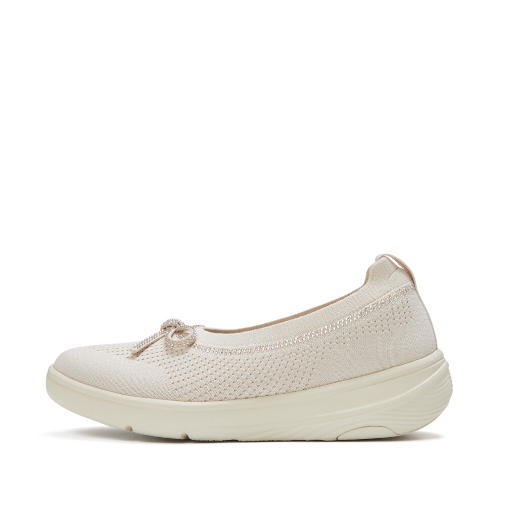 Trenton FitFlop Super-Q Bow Crystal-Trim Knit Ballet Flats iQushion Paris Beige UK3