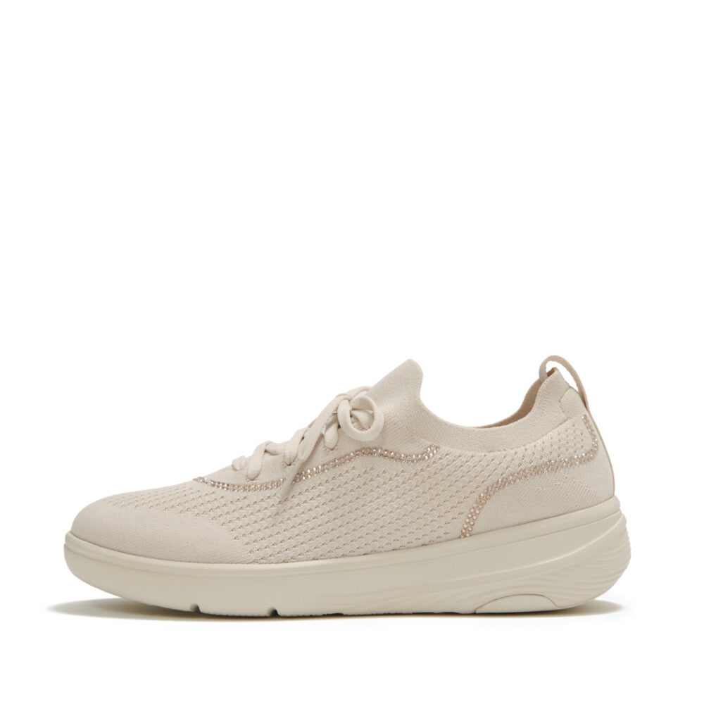 Trenton FitFlop SUPER-Q Crystal-Trim Knit Slip-On Laced Sneakers iQushion Paris Beige UK3