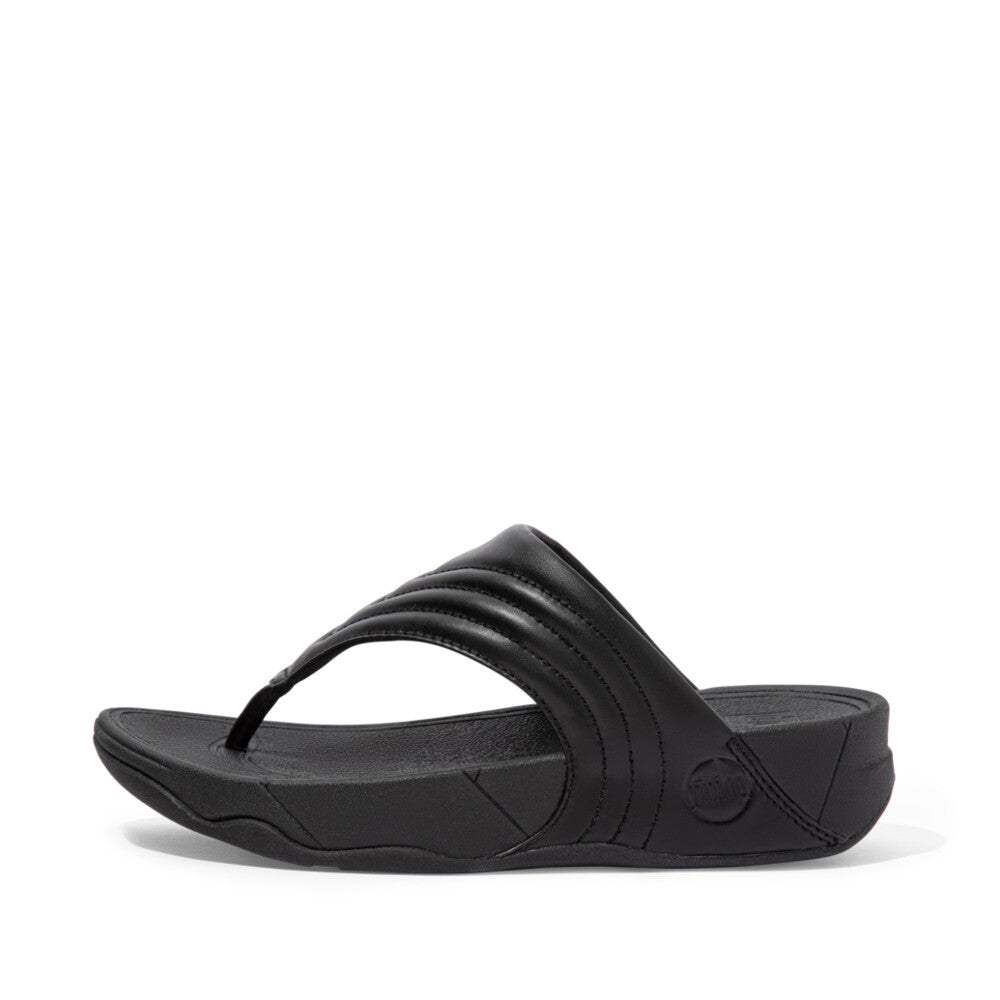 FitFlop Walkstar Leather Toe-Post Sandals Microwobbleboard All Black 7